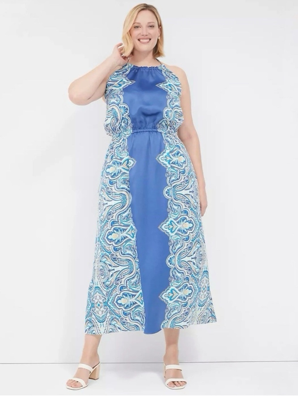 NEW Lane Bryant Satin Halter Maxi Dress Mirrored Paisley Blue Size 20 Petite